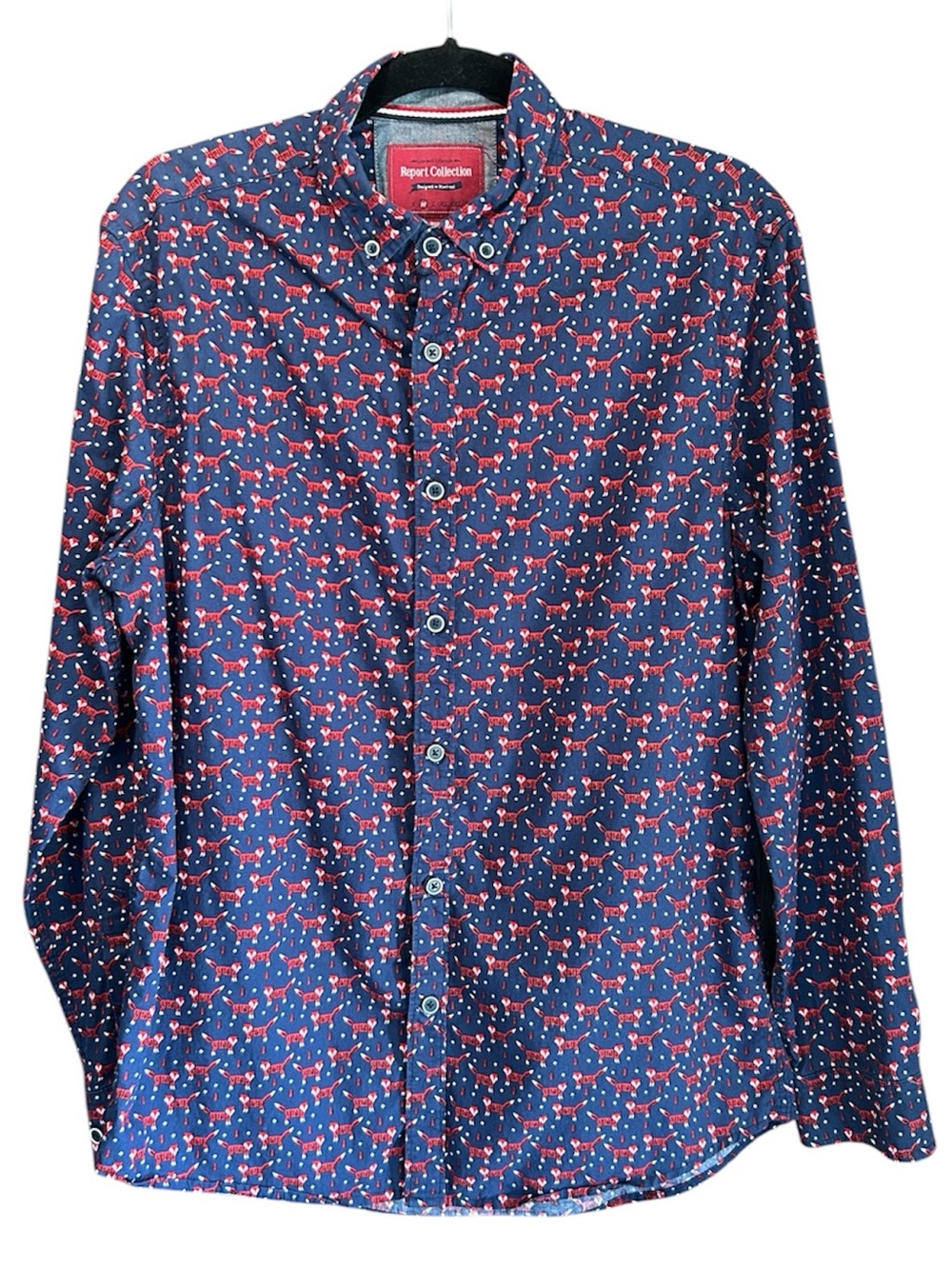 Report Collection Navy Button-Down Shirt with Red Dot Pattern